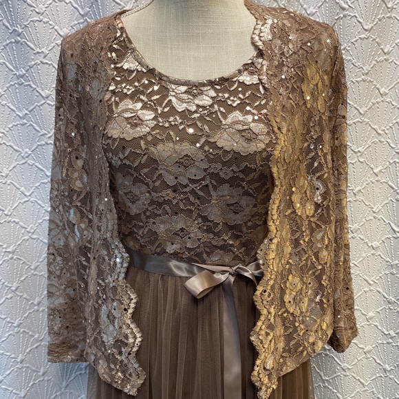 NWOT Candolite Petite small petite Brown bronze Lace Long Sleeve Gown sequins - Picture 4 of 13